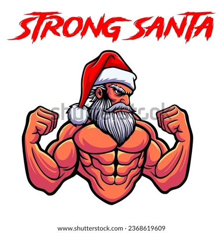 Strong santa claus cartoon vector illustration. Muscular santa claus design for mascot, logo, emblem, poster, sticker, t-shirt. Santa superhero