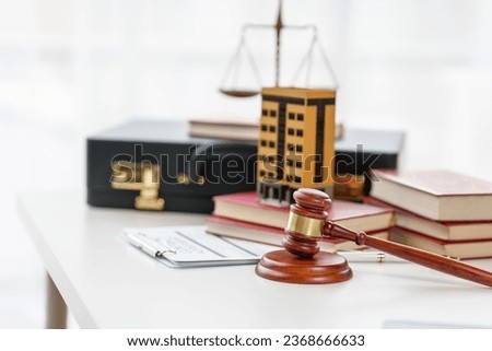 Property Lawyer desk with gavel and contract paper of attorney, nobody, no people Royalty-Free Stock Photo #2368666633