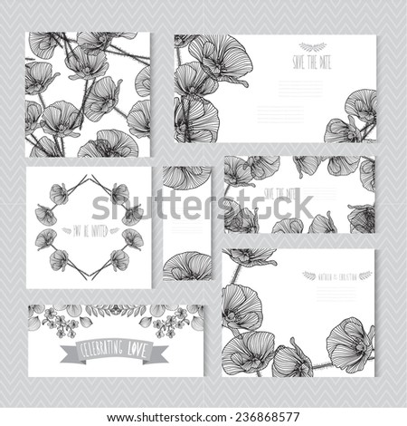 Elegant cards with decorative poppies, design elements. Can be used for wedding, baby shower, mothers day, valentines day, birthday cards, invitations. Vintage decorative flowers