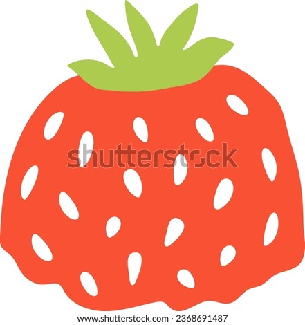 Hand drawn cartoon red strawberry. Berry icon has wide shape. Summer clip art in simple flat style. Childish image. Healthy, natural vegan dessert. Picture of juicy ripe food. Baby's cafe menu design.