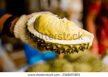 Durian fruit.  durian peels, durian yellow meat, durian meat to eat. Tropical seasonal fruit, king of fruit from Thailand. Royalty-Free Stock Photo #2368691801