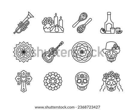 Day of the Dead icon set. A collection of mexican linear illustrations - sugar skull, skeleton, musical instruments, tequila, bread, marigold, candle. Dia de los Muertos celebration. Editable stroke