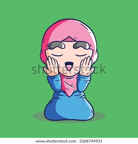 Cute Muslim Girl in Hijab Sitting and Pray Cartoon Vector Icon Illustration. People Religion Icon Concept Isolated Premium Vector. Islamic Cartoon illustration.