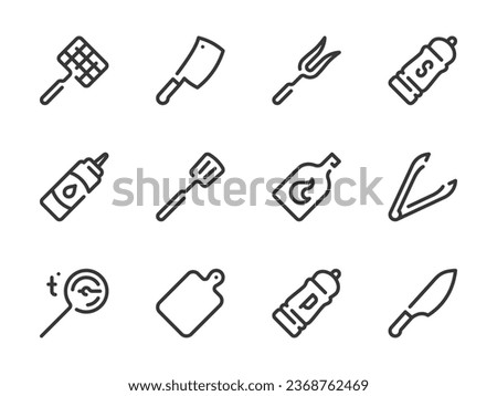 Grill Accessories and Barbecue Equipment vector line icons. Cooking Appliances outline icon set. Grill Basket, Tongs, Thermometer, Spatula, Ignition Fuel, Cutting Board and more. Royalty-Free Stock Photo #2368762469