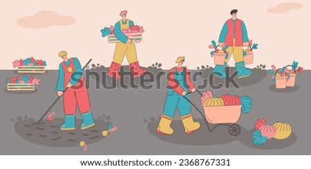 A set of characters who are harvesting. Agricultural autumn work. Flat illustration Royalty-Free Stock Photo #2368767331