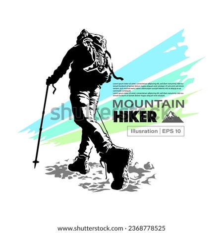Mountain Hiker vector illustration with back-bellow view. Royalty-Free Stock Photo #2368778525
