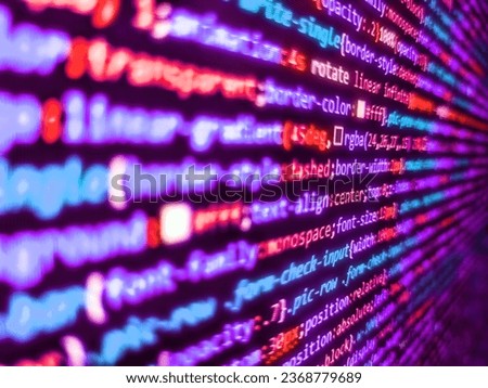 Web abstract programming and created virus on laptop screen. Software source code over digital glitch effect added. Programmer developer screen. Program development concept. Source code photo