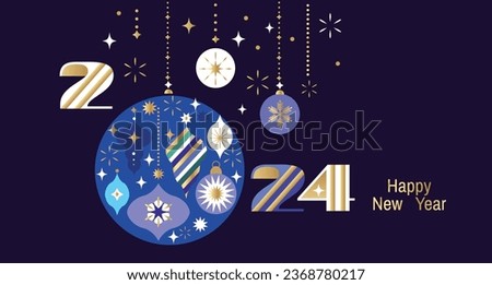 Merry Christmas and Happy New Year 2024  holiday template design banner, poster, card, cover  Gifts, Santa, ball toy, christmas tree, snowflake   Modern Xmas flat cartoon cute vector illustration