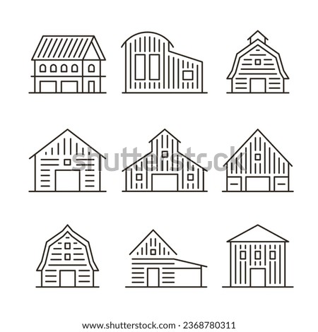 Diverse Collection of 9 Farm Barn Types Icon Design Rural Agriculture and Livestock Building Variety Royalty-Free Stock Photo #2368780311