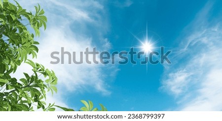 Sun lights and beautiful blue sky behind green tree leaves. 3d ceiling decoration photo. Royalty-Free Stock Photo #2368799397