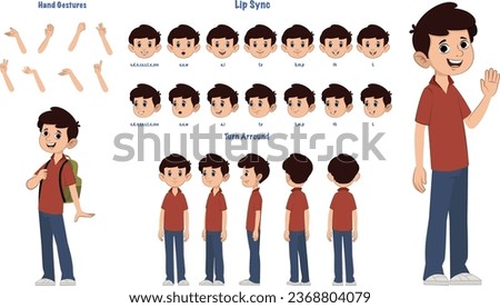 Set of school boy character design. Character Model sheet. Front, side, back view animated character. Student character creation set with various views, poses and gestures. Cartoon style, flat vector  Royalty-Free Stock Photo #2368804079