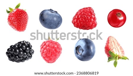 Fresh blueberries and other berries isolated on white, set Royalty-Free Stock Photo #2368806819