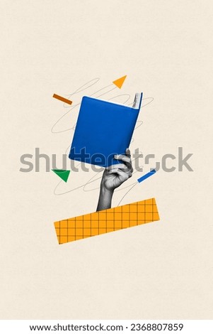 Collage sketch painted picture of human arm hold book encyclopedia dictionary knowledge intelligence development concept