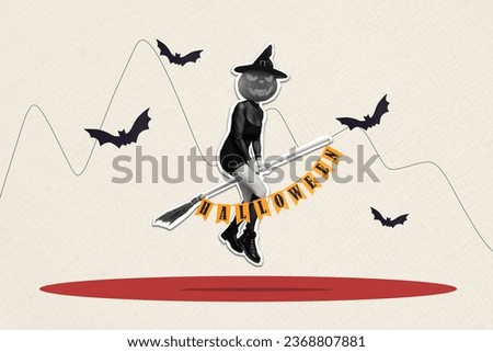 Picture poster collage of crazy spooky character flying halloween party sitting broomstick isolated on drawing background