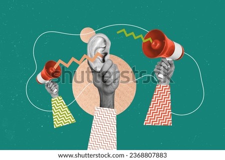 Creative retro 3d magazine collage image of ear listening bullhorn announcement isolated green color background Royalty-Free Stock Photo #2368807883