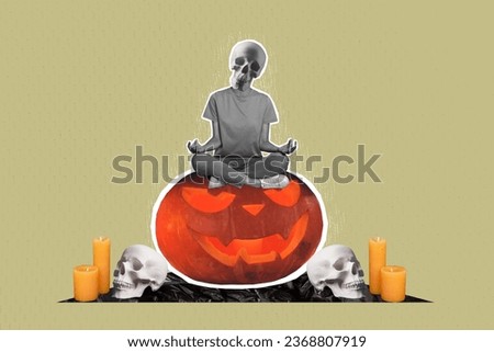 Sketch 3d picture collage of weird personage no face sitting huge pumpkin meditating enjoying holiday atmosphere