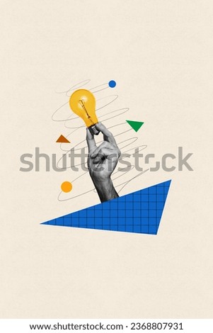 Vertical composite photo illustration collage of human hand hold lamp generates creative business ideas isolated on beige color background