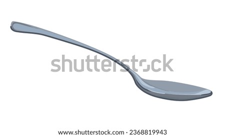 Empty stainless steel dinner spoon. Vector on white background, flat design. Shiny metal teaspoon, silverware for holiday serving. Cartoon style.