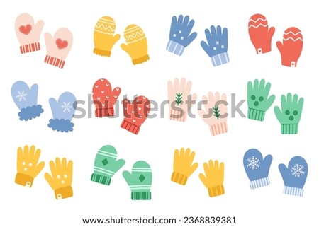Knitted mittens and gloves set. Children and adults winter accessories. Cute cartoon vector illustration. Royalty-Free Stock Photo #2368839381