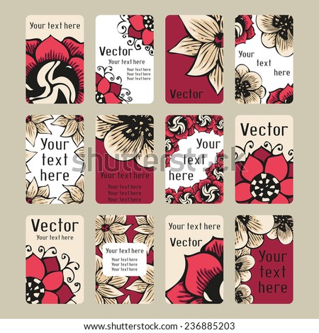 Set of vertical colourful business cards with doodling flowers in tattoo style, vector illustration