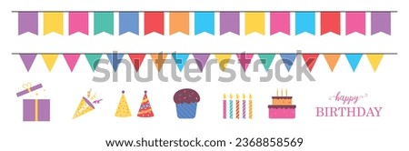 Cartoon Birthday Party Elements Set. Vector Illustration for Festive Celebrations with cake, flags, gifts, and cupcakes on white background. Party clip art set.