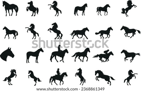 horse silhouette vector illustration in various poses on a white background. Perfect for equestrian, equine art, horse racing, and animal graphics projects. Royalty-Free Stock Photo #2368861349