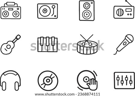 Simple set modern and retro music equipment illustration line icon. Contains such icons notes, microphone, music speaker, tape recorder, equalizer, headphones, vintage vinyl disc and player