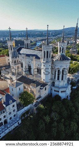 drone photo Notre-Dame de Fourviere Basilica, Basilique Notre-Dame de Fourvière lyon France Europe