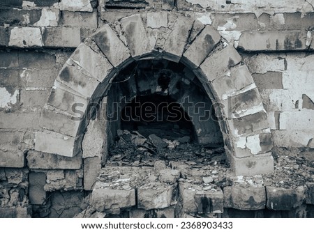 Close up old brick home stove concept photo. Damaged vintage oven. European cuisine. High quality picture for wallpaper, travel blog.