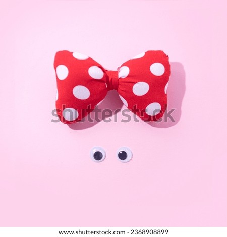 Minimal girl's face with with dotted bow on head. Creative aesthetic summer fashion trend layout. 