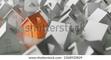 Unique orange house standing out from crowd. Real estate market. 3d rendering