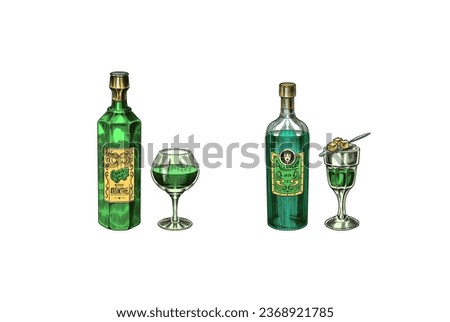 Bottle of Absinthe Glass shot. Woman holding a toast drink. Pot Swan necked copper stills distillery for making alcohol. Label for retro poster. Engraved hand drawn vintage sketch. Woodcut style Royalty-Free Stock Photo #2368921785