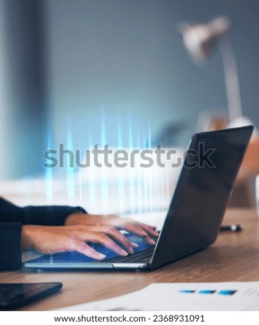 Laptop, hands and data hologram in office, coding software or ux programming for analysis, technology or analytics. Cybersecurity, ui design and digital career as marketing analyst, web or statistics
