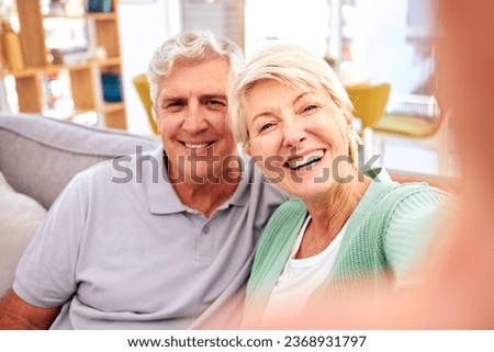 Social media, portrait or senior couple take a selfie on home sofa together on a network app online. Photograph memory, smile or happy woman in fun pictures with a mature man to post, bond or relax