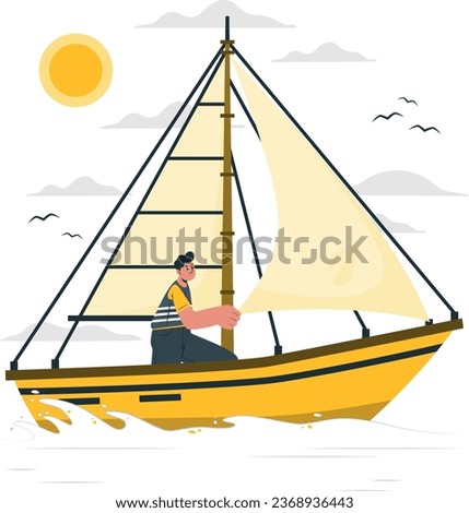 single yellow boat sail in sea sunset bright birds flying with man work on the boat which walk by wind vector illustration
