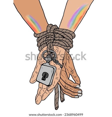 Equal love. Inspirational Gay Pride poster with rainbow spectrum colors. Homosexuality emblem. LGBT rights concept. Sticker, patch, poster graphic design. Vector illustration of hand fist raised up.