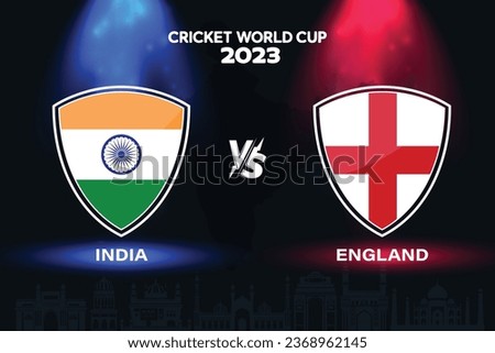 India vs England international cricket flag badge design on Indian skyline background for the final World Cup 2023. EPS Vector for sports match template or banner in vector illustration. Royalty-Free Stock Photo #2368962145