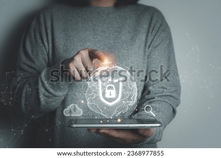 Digital privacy and cybersecurity concept, safeguarding your trust and identity online or business, database management and cyber solutions, protecting personal information, global smart security. Royalty-Free Stock Photo #2368977855