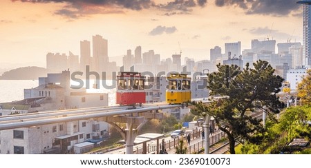 Colorful sky capsule in Busan, South Korea in Asia at sunset Royalty-Free Stock Photo #2369010073