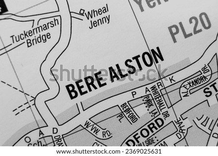 Bere Alston, Devon, England, United Kingdom atlas map town name in black and white