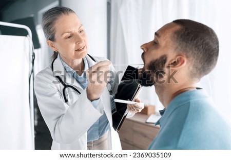 Mouth swab, people and doctor check up, oral examination or helping patient with bacteria, virus or flu sample. Healthcare service, wellness and medicine expert, surgeon or nurse support sick client Royalty-Free Stock Photo #2369035109