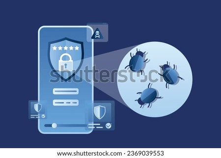 Data protection concept. Modern smartphone with effective antivirus. Spamming, virus detection. Hacker attack, bugs and scam alert. Network piracy danger. Trendy vector illustration