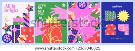 Merry Christmas and Happy New Year greeting card Set. Modern Xmas design with beautiful geometric and doodle elements, Christmas tree, gifts, balls, snowflakes. Minimal banner, poster, cover template.