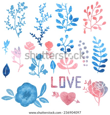 Set of cute watercolor hand-drawn nature clip-art, isolated. Wedding, birthday, celebration card elements.