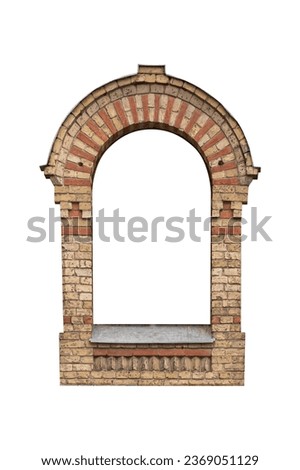 Decorative brick arched vintage window frame in 19th century style.