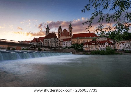 Panoramic view of Steyr with St. Michael. Steyr, evening atmosphere Upper Austria, Austria. Royalty-Free Stock Photo #2369059733