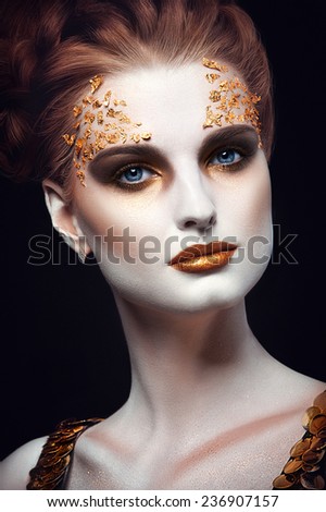 Girl with golden makeup, beauty face, portrait women, art, black background.