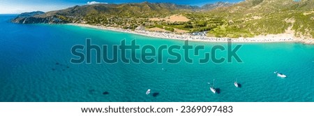 Aerial drone panoramic view of the Solanas beach in the province Sinnai in Sardinia, Italy