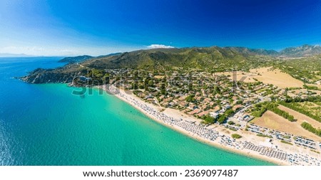Aerial drone panoramic view of the Solanas beach in the province Sinnai in Sardinia, Italy