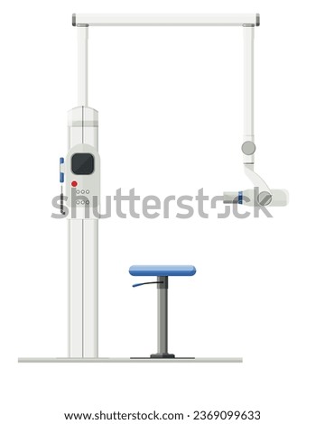 Dental x-ray machine Floor mounted, provide digital panoramic, extraoral, cephalometric, 3D imaging. of tooth structure, nerves and bones, placement of dental implants Dental care. flat design Royalty-Free Stock Photo #2369099633